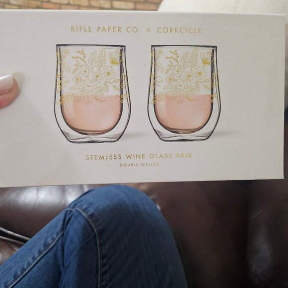 Corkcicle Stemless Wine Glass Set by Rifle Paper Co Set of 2 Elegant Gold Floral - Picture 9 of 13